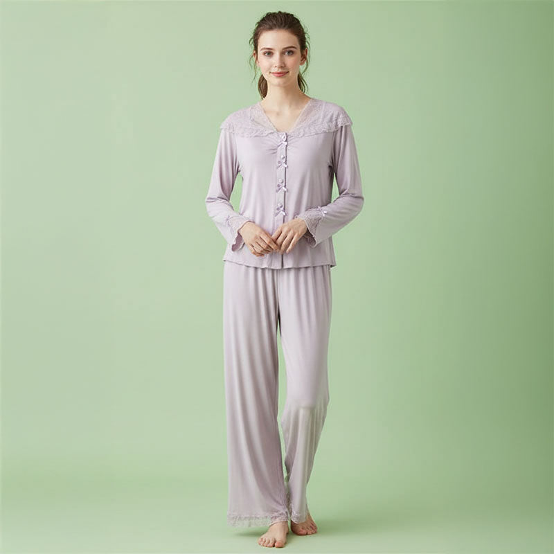 Lace Trim Wide Leg Cotton Pajama Set - Purple