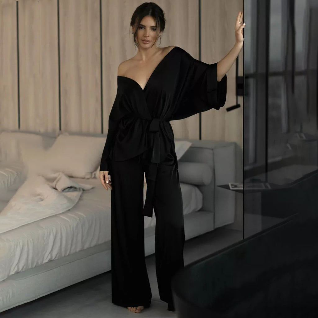 Satin Wrap Top Lounge Set - Black