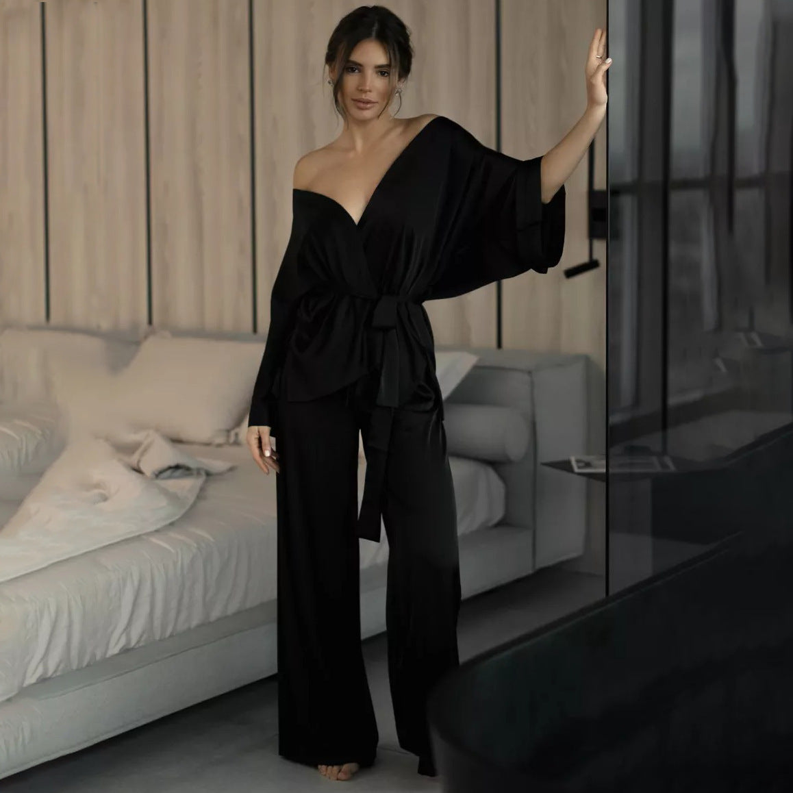 Satin Wrap Top Lounge Set - Black