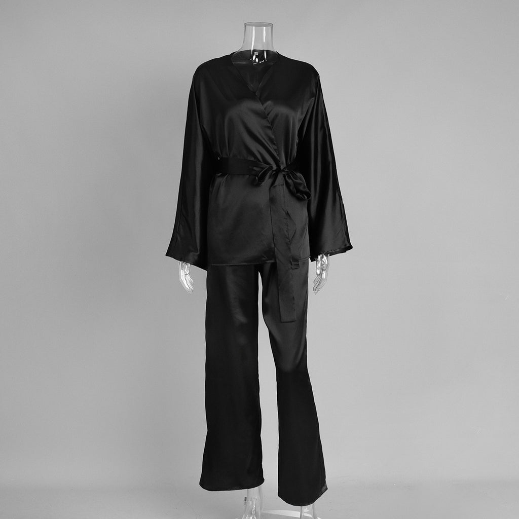 Satin Wrap Top Lounge Set - Black