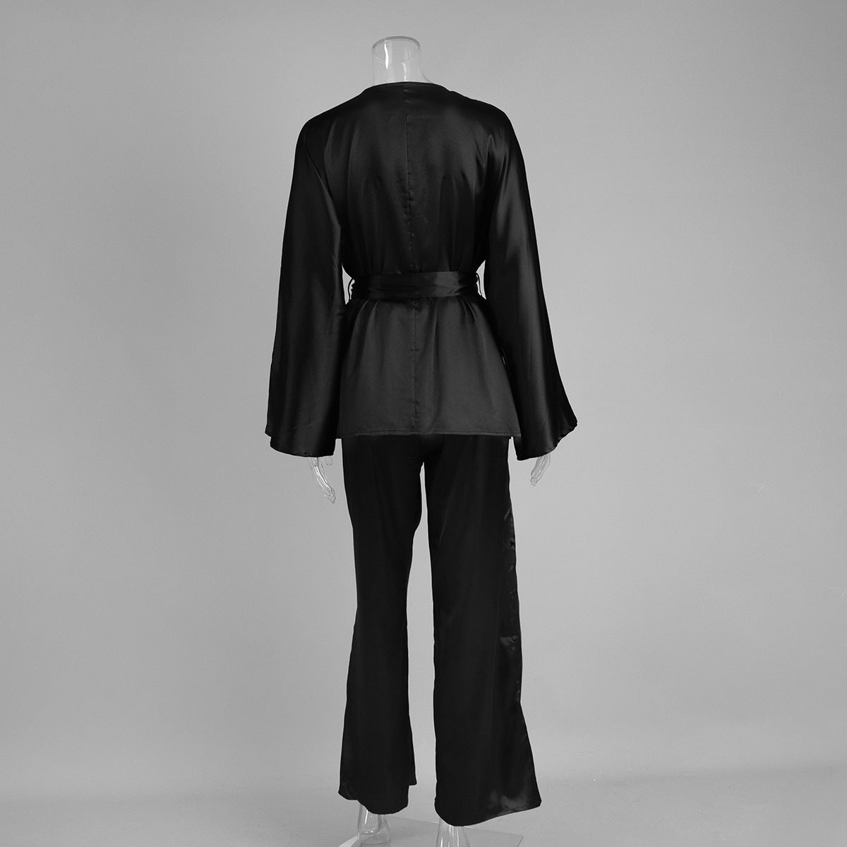 Satin Wrap Top Lounge Set - Black