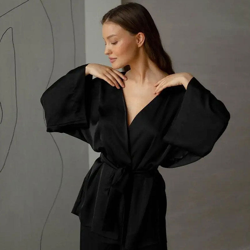 Satin Wrap Top Lounge Set - Black