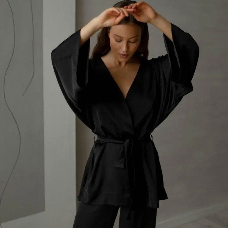 Satin Wrap Top Lounge Set - Black
