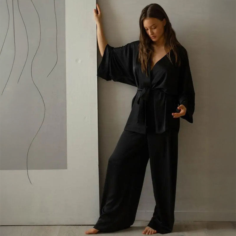 Satin Wrap Top Lounge Set - Black