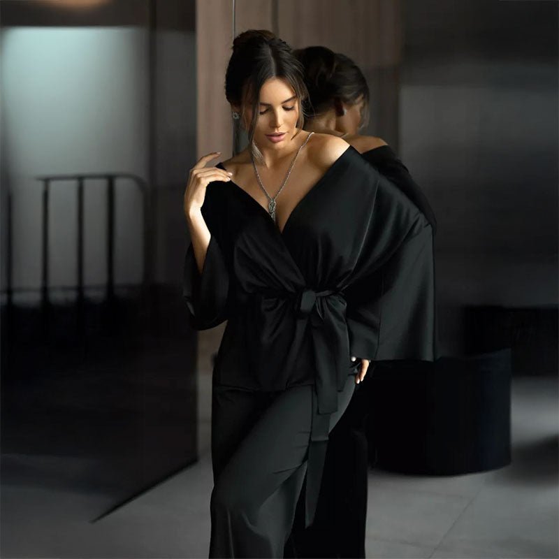 Satin Wrap Top Lounge Set - Black