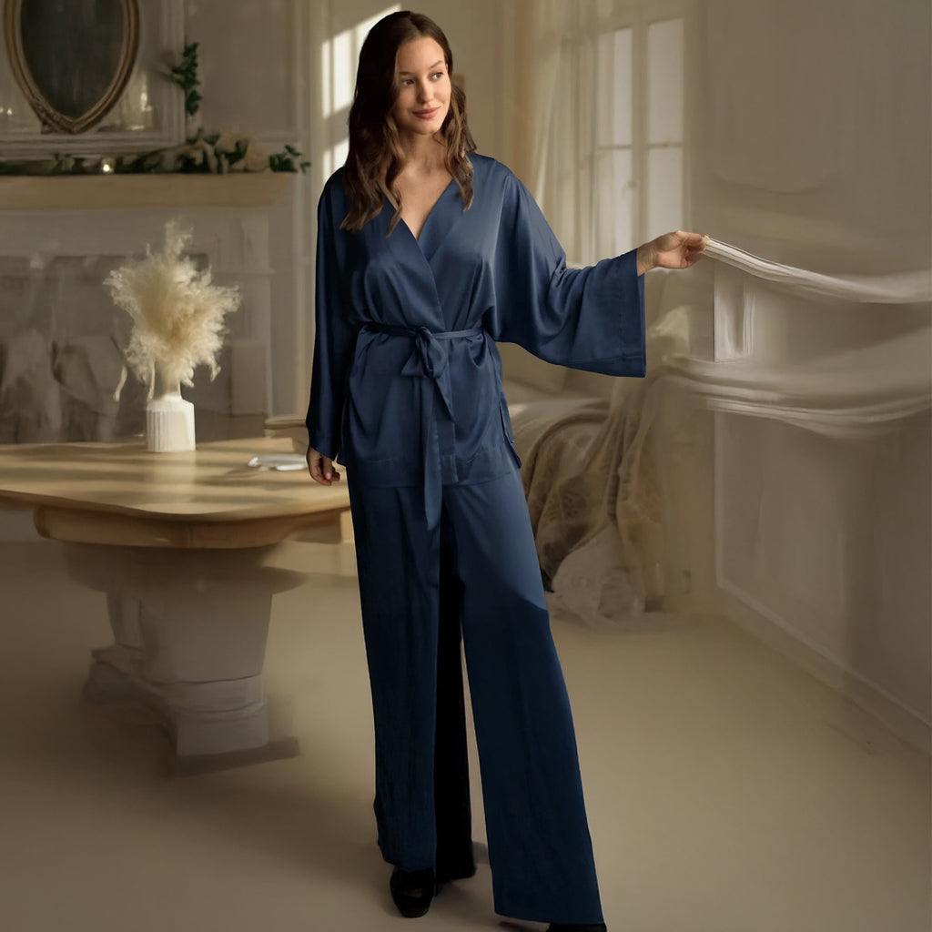 Satin Wrap Top Lounge Set - Navy
