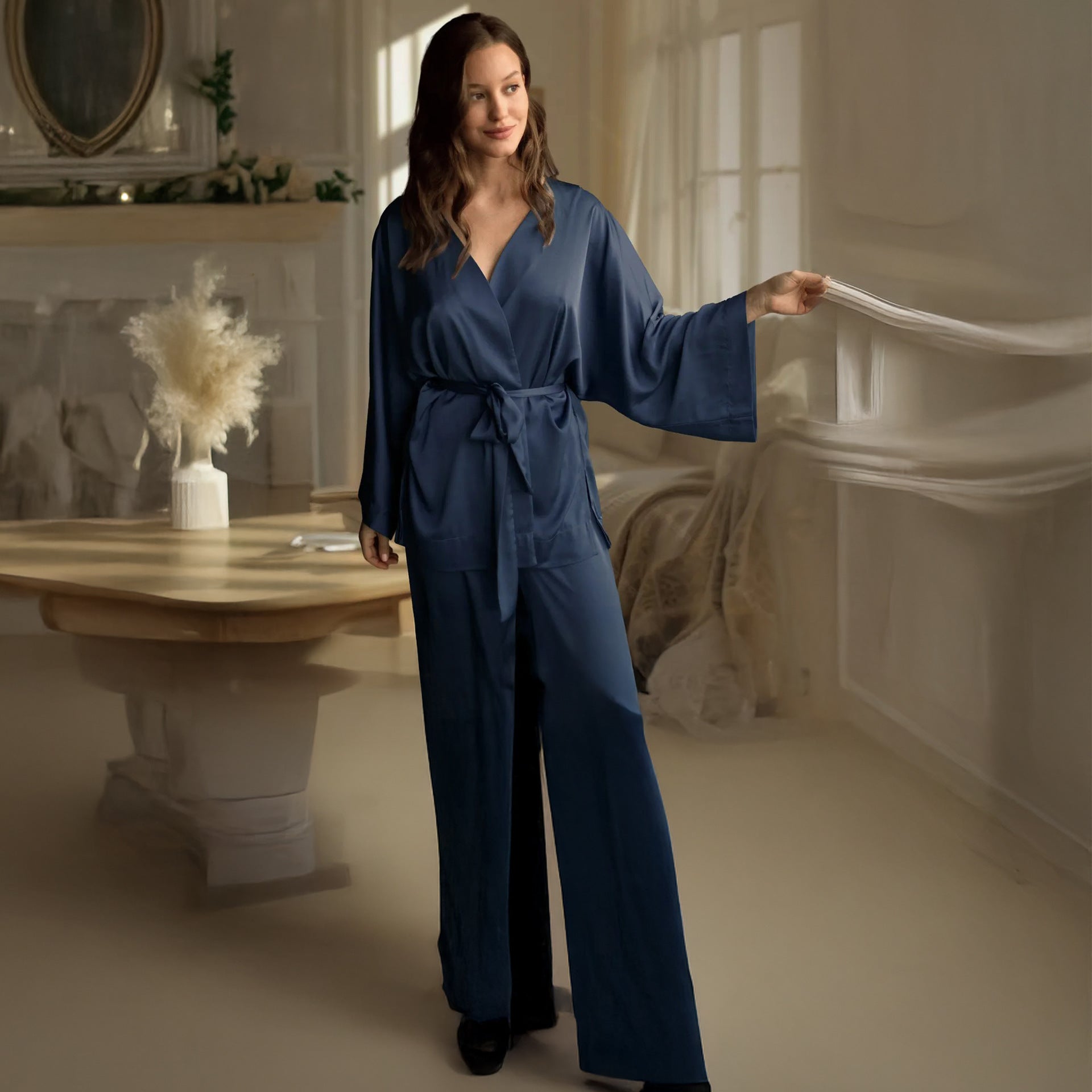 Satin Wrap Top Lounge Set - Navy