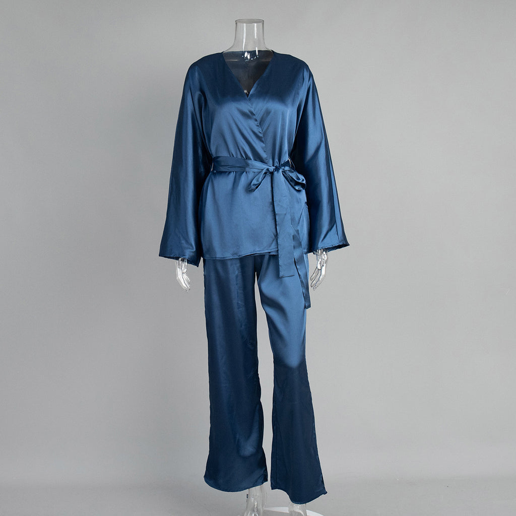 Satin Wrap Top Lounge Set - Navy