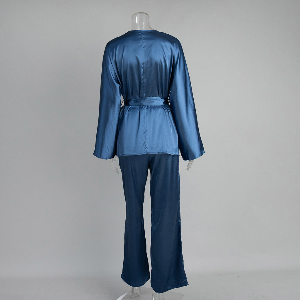 Satin Wrap Top Lounge Set - Navy