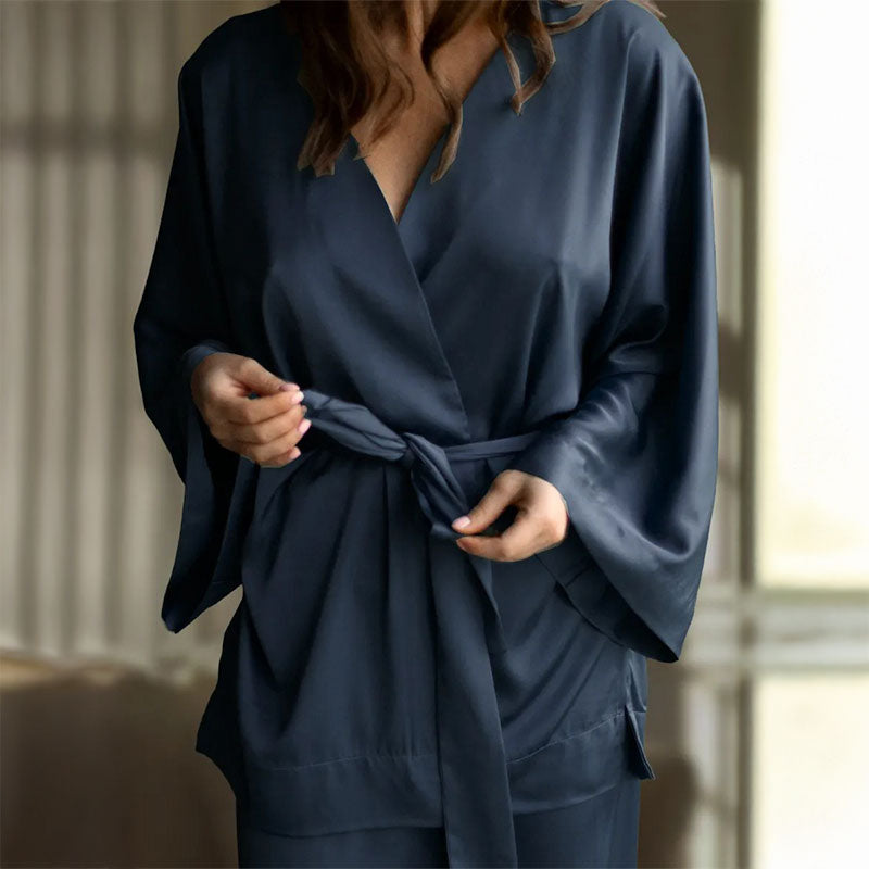 Satin Wrap Top Lounge Set - Navy
