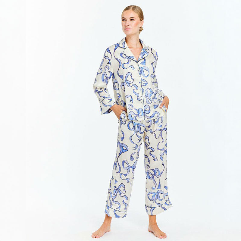 Ribbon Print Silk Premium Pajama Set - Blue