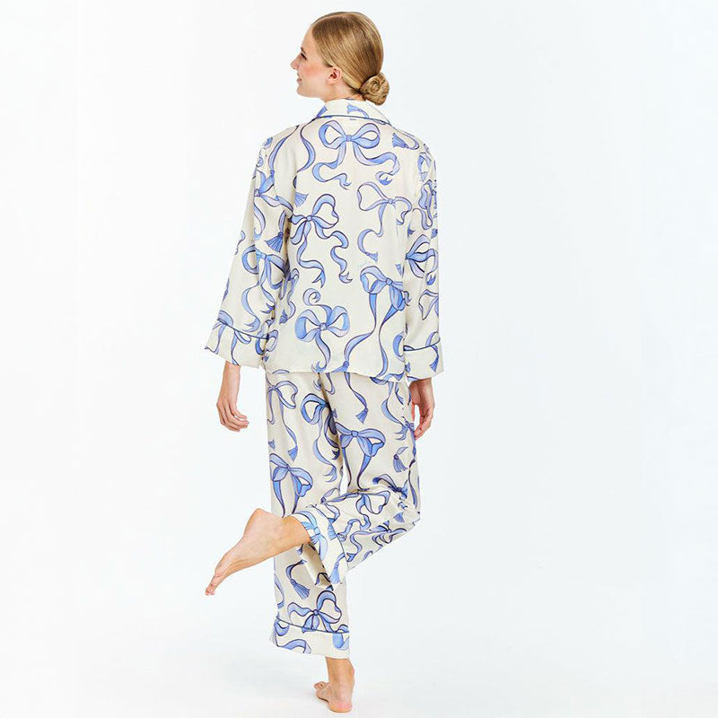 Ribbon Print Silk Premium Pajama Set - Blue
