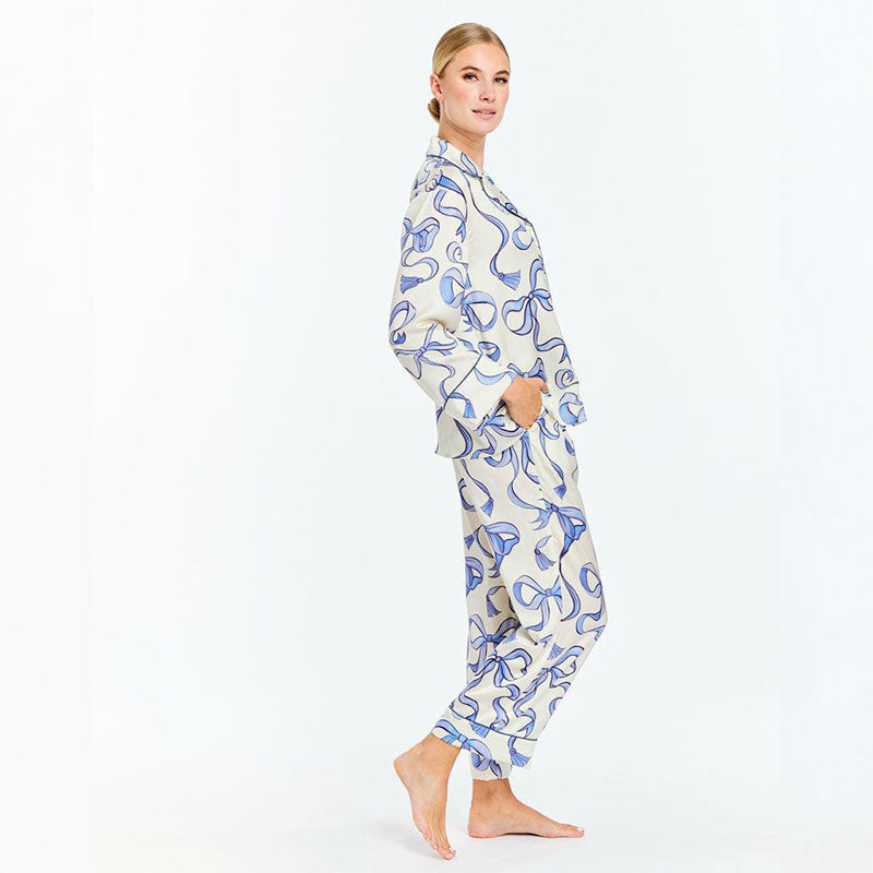 Ribbon Print Silk Premium Pajama Set - Blue