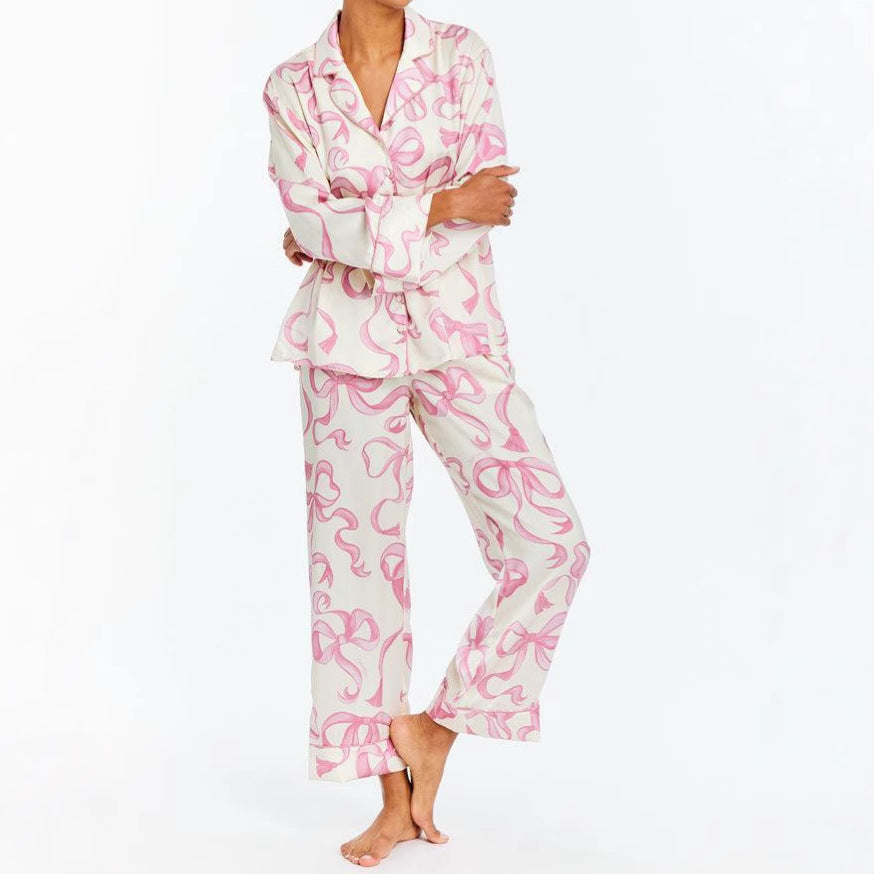 Ribbon Print Silk Premium Pajama Set - Pink