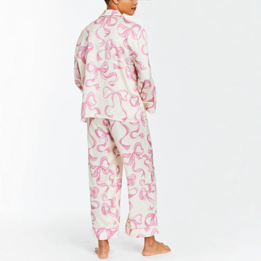 Ribbon Print Silk Premium Pajama Set - Pink