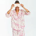 Ribbon Print Silk Premium Pajama Set - Pink