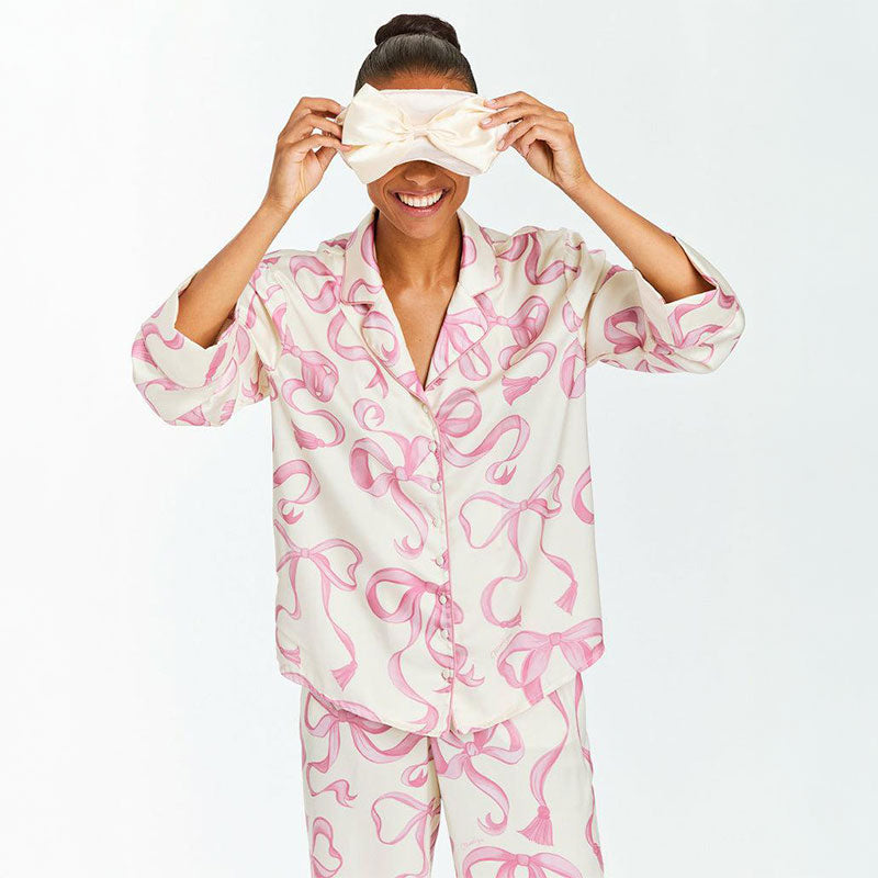 Ribbon Print Silk Premium Pajama Set - Pink