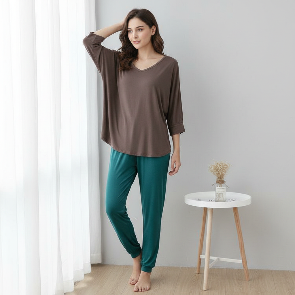 3/4 Sleeves Tapered Relaxed Pajama Set - Dark Green