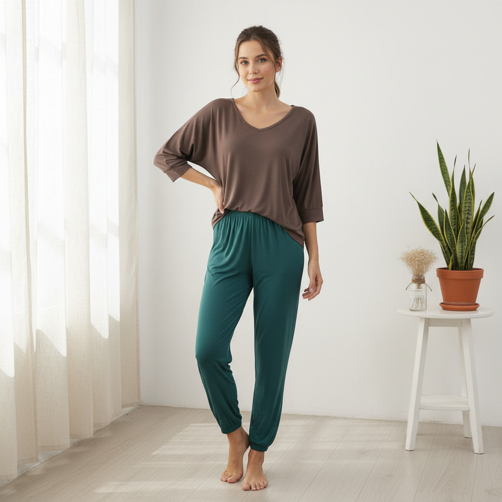 3/4 Sleeves Tapered Relaxed Pajama Set - Dark Green