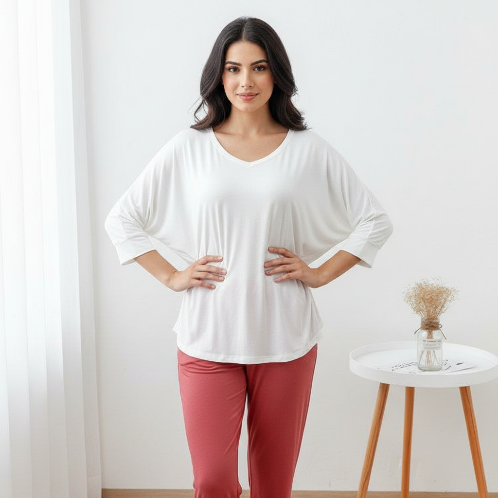 3/4 Sleeves Tapered Relaxed Pajama Set - Red