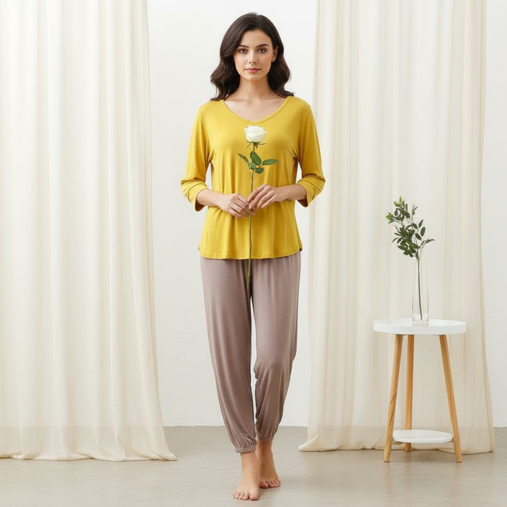 3/4 Sleeves Tapered Relaxed Pajama Set - Mustard Yellow
