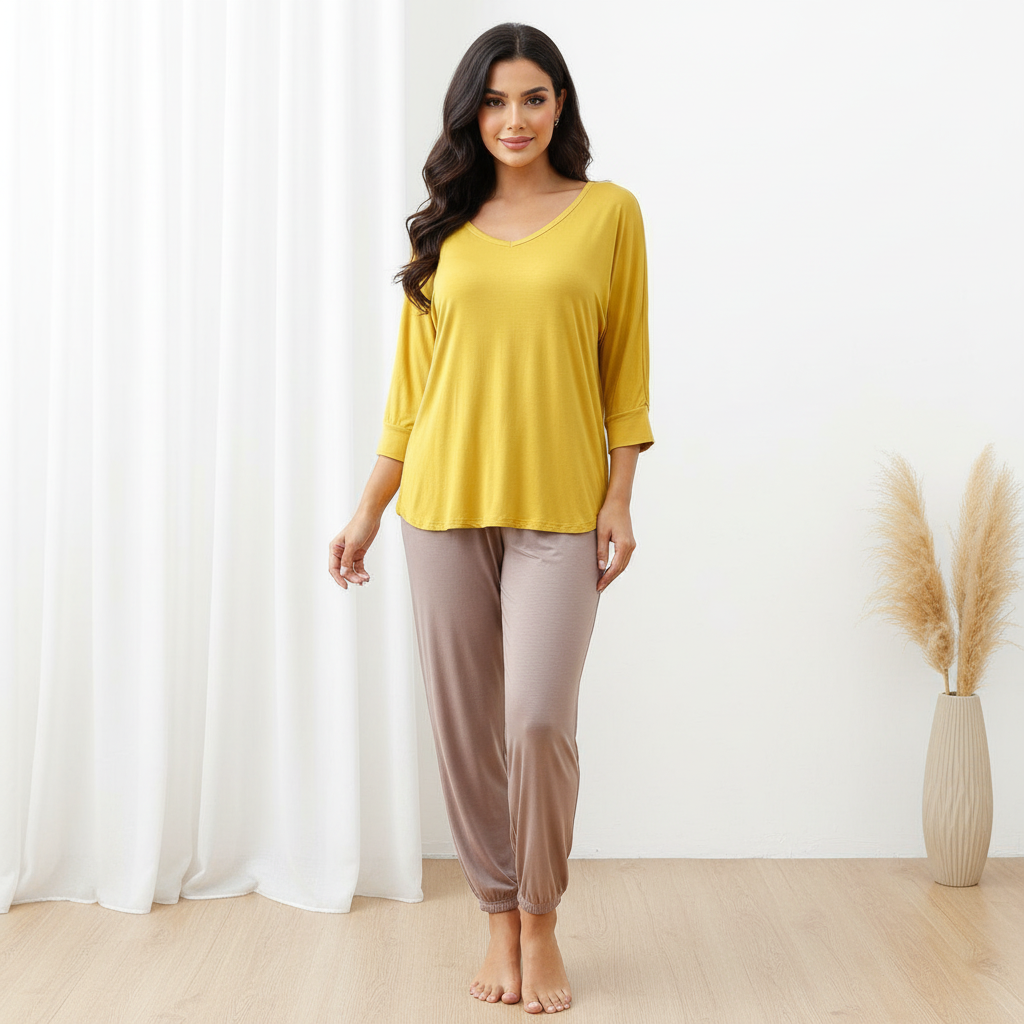 3/4 Sleeves Tapered Relaxed Pajama Set - Mustard Yellow