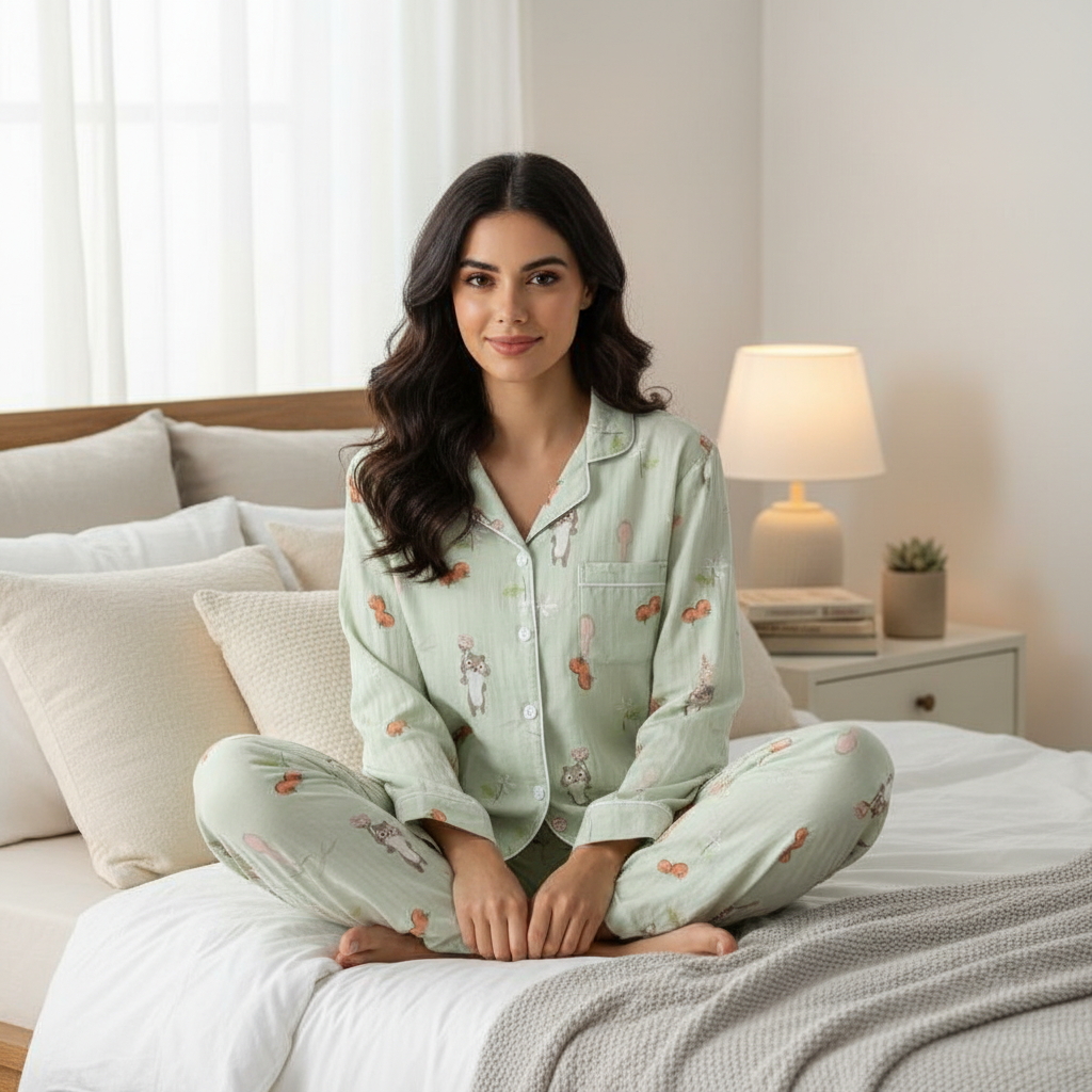 Cotton Squirrel Print Green Co-ord Pyjama Set