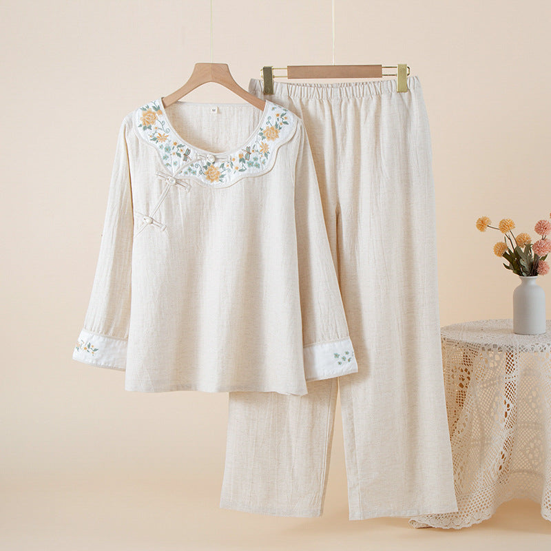 Embroidered Cotton Linen Pajama Set - Beige