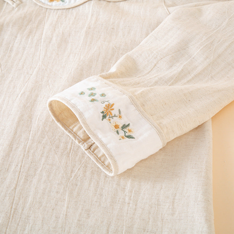 Embroidered Cotton Linen Pajama Set - Beige