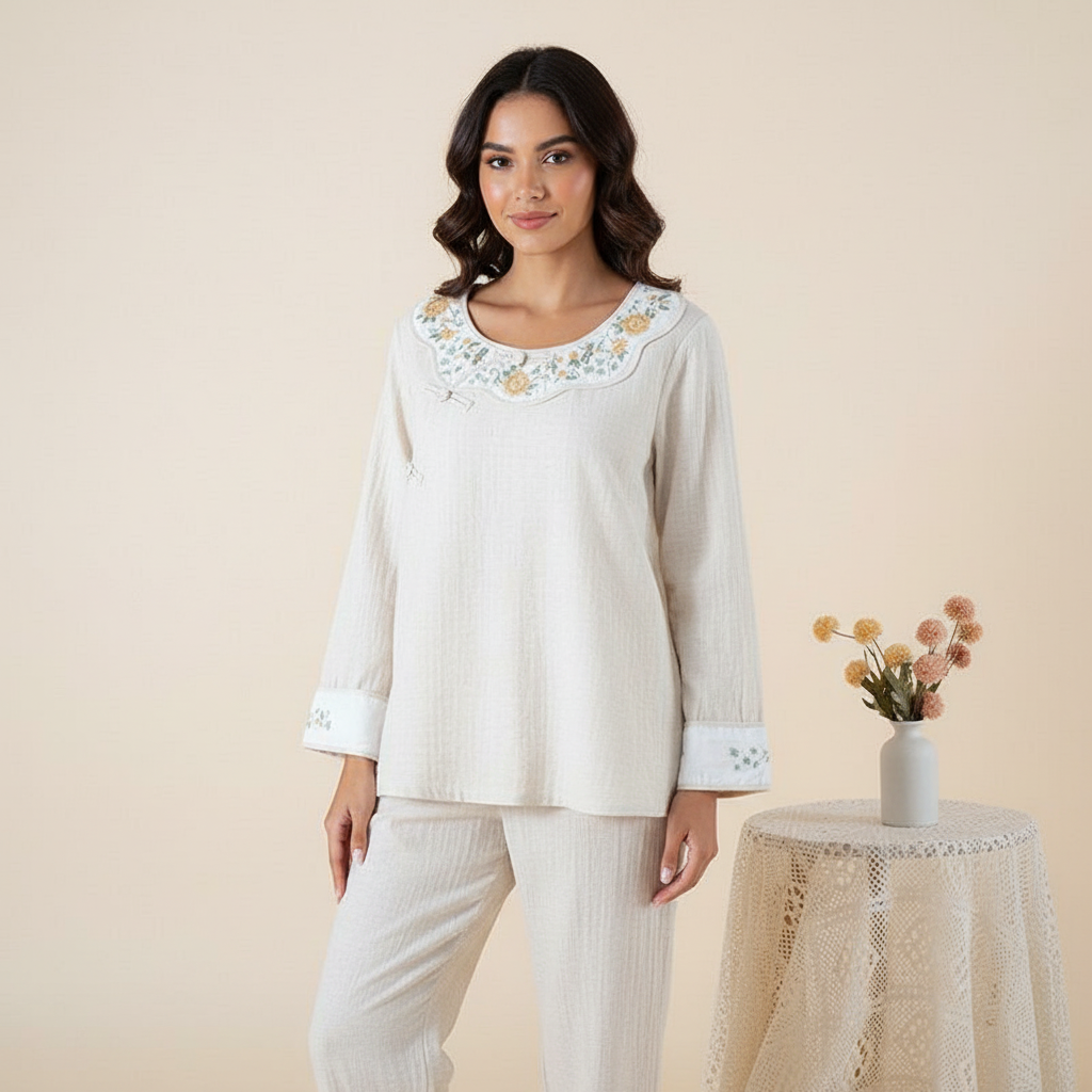 Embroidered Cotton Linen Pajama Set - Beige