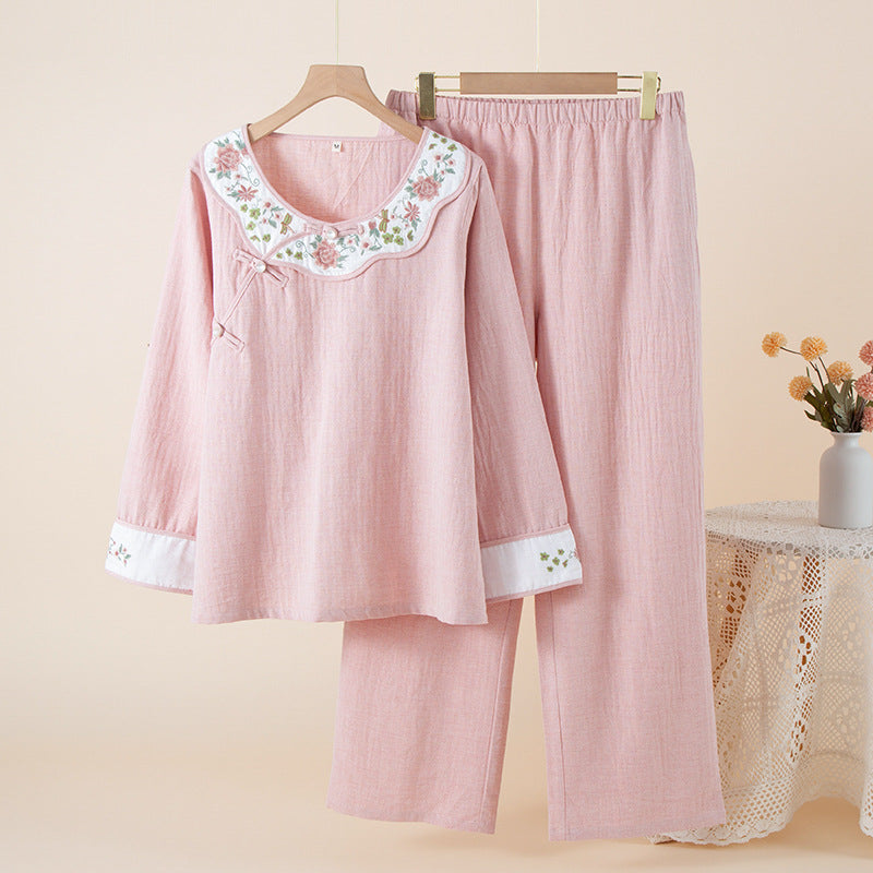 Embroidered Cotton Linen Pajama Set - Pink
