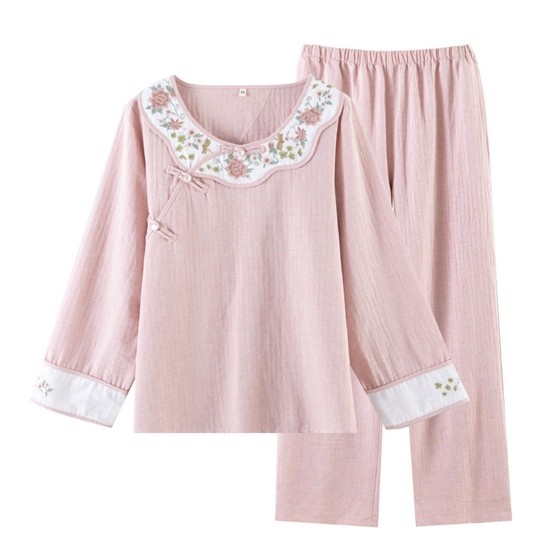 Embroidered Cotton Linen Pajama Set - Pink