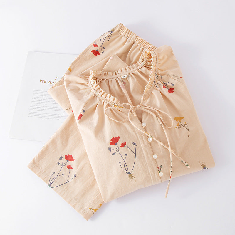 Women’s Beige Periwinkle Print Cotton Co-ord Pyjama Set