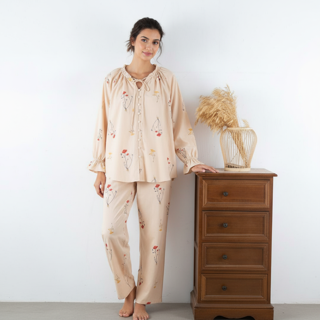 Women’s Beige Periwinkle Print Cotton Co-ord Pyjama Set