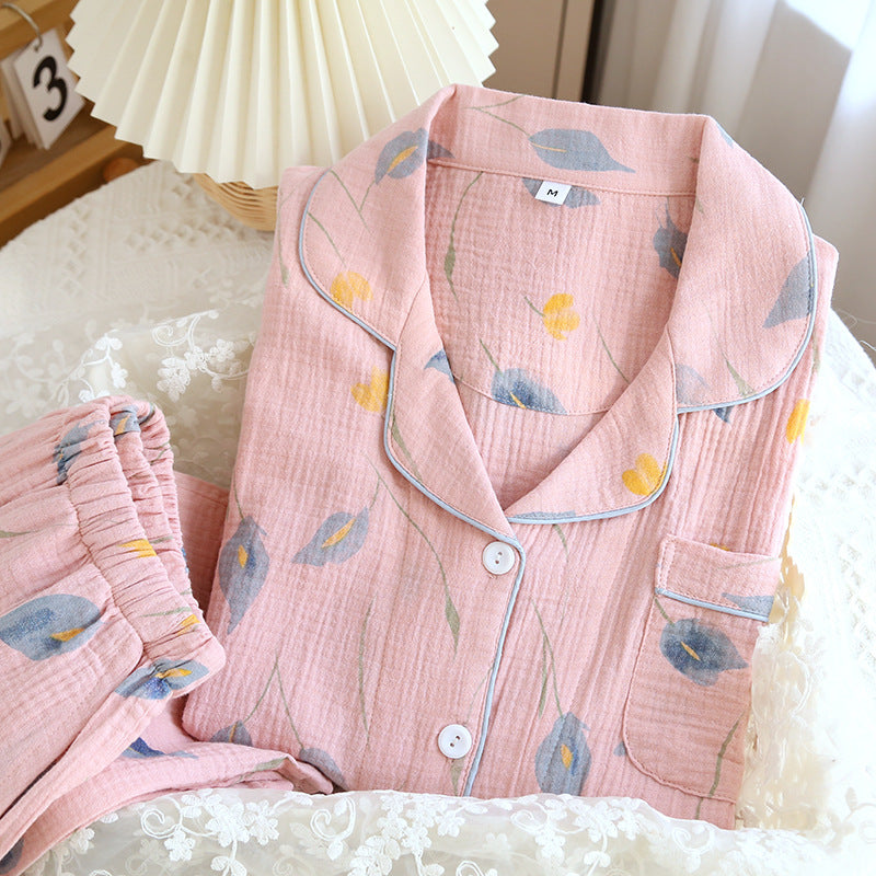 Pink Floral Cotton Gauze Pajama Set