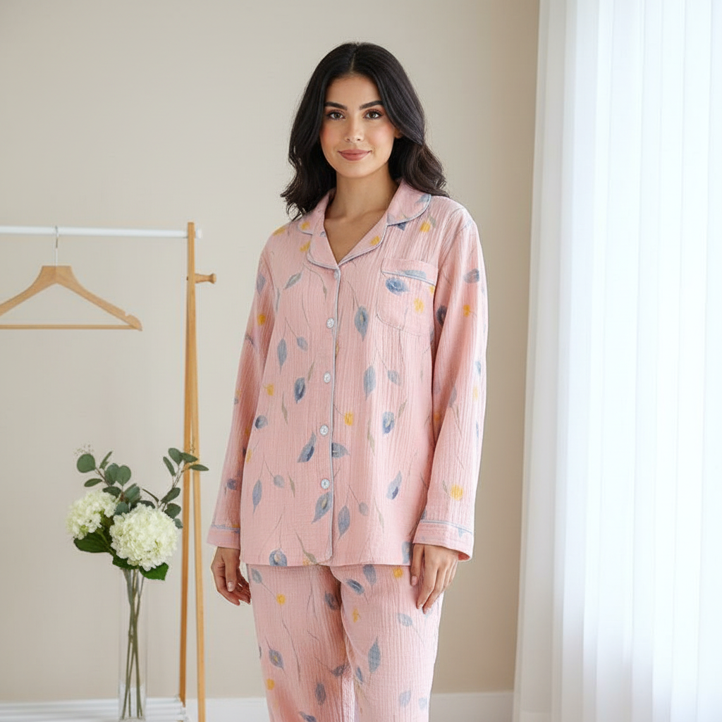 Pink Floral Cotton Gauze Pajama Set