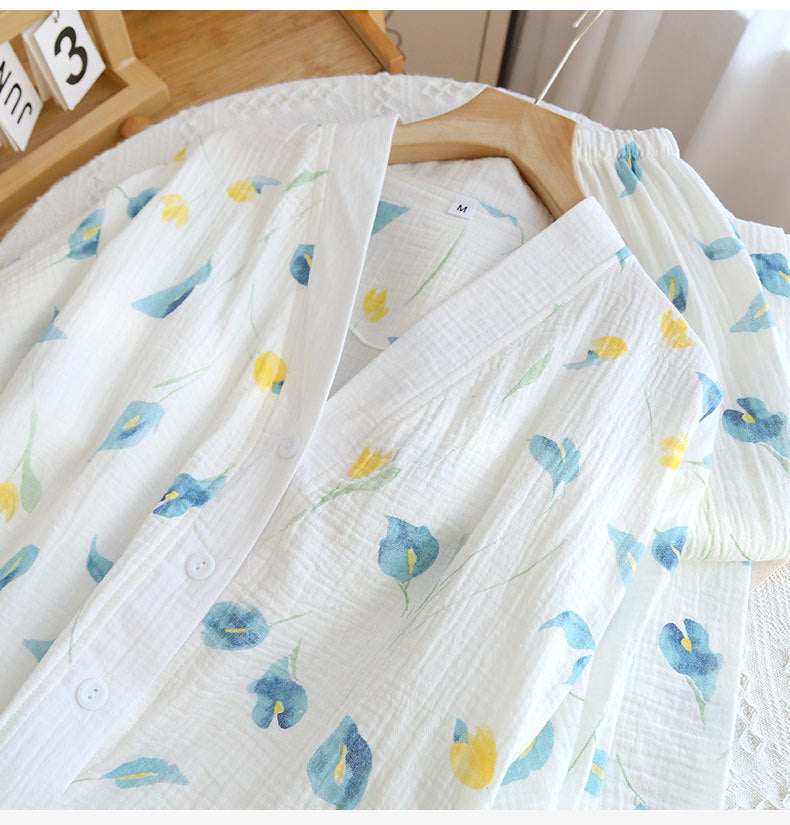 White Floral Cotton Gauze Co-ord Pyjama Set
