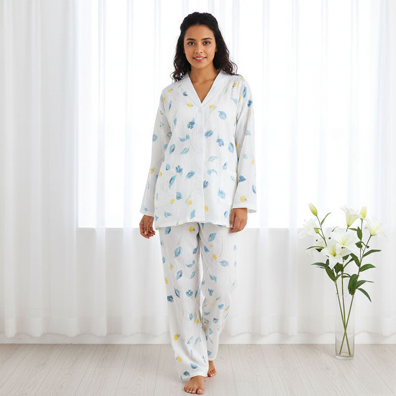 White Floral Cotton Gauze Co-ord Pyjama Set