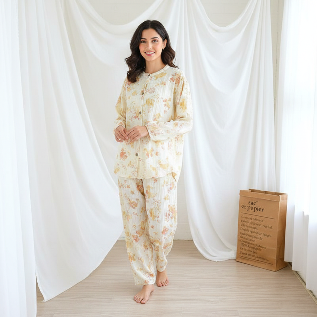 Off-White Abstract Floral Cotton Pajama Set