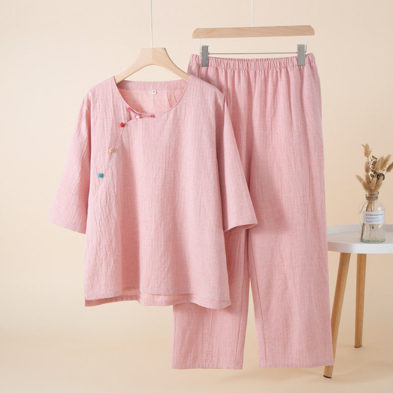 Cotton Colorful Slant Button-Up Pajama Set - Soft Pink