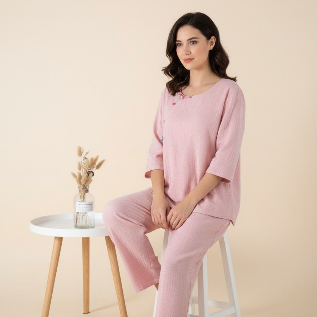 Cotton Colorful Slant Button-Up Pajama Set - Soft Pink