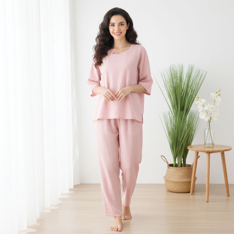 Cotton Colorful Slant Button-Up Pajama Set - Soft Pink