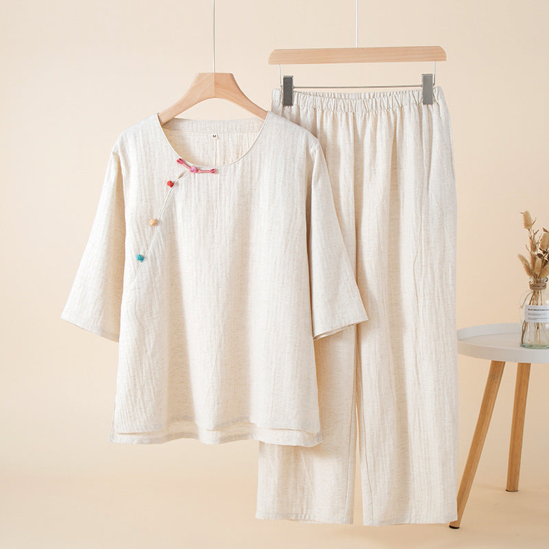 Cotton Colorful Slant Button-Up Pajama Set - Off White