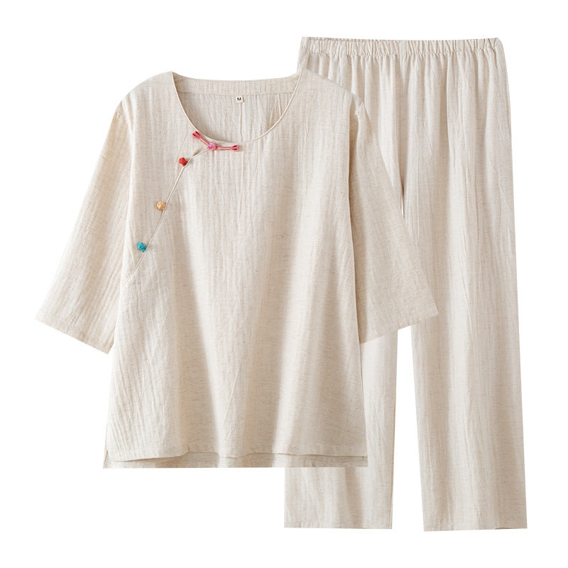 Cotton Colorful Slant Button-Up Pajama Set - Off White