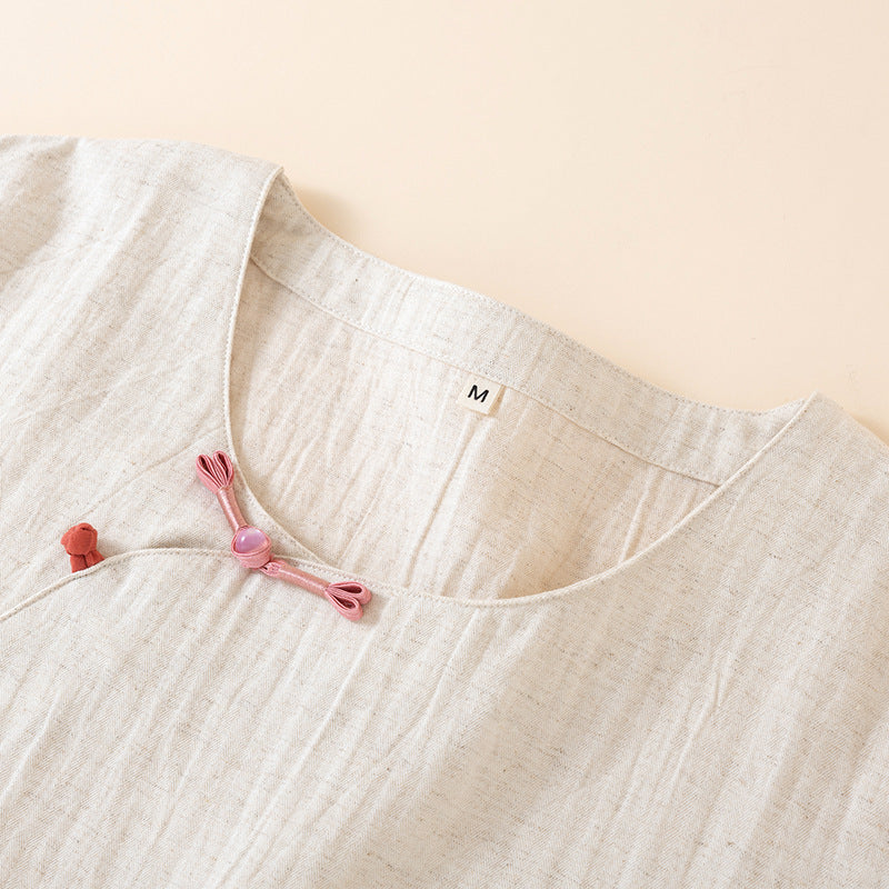 Cotton Colorful Slant Button-Up Pajama Set - Off White