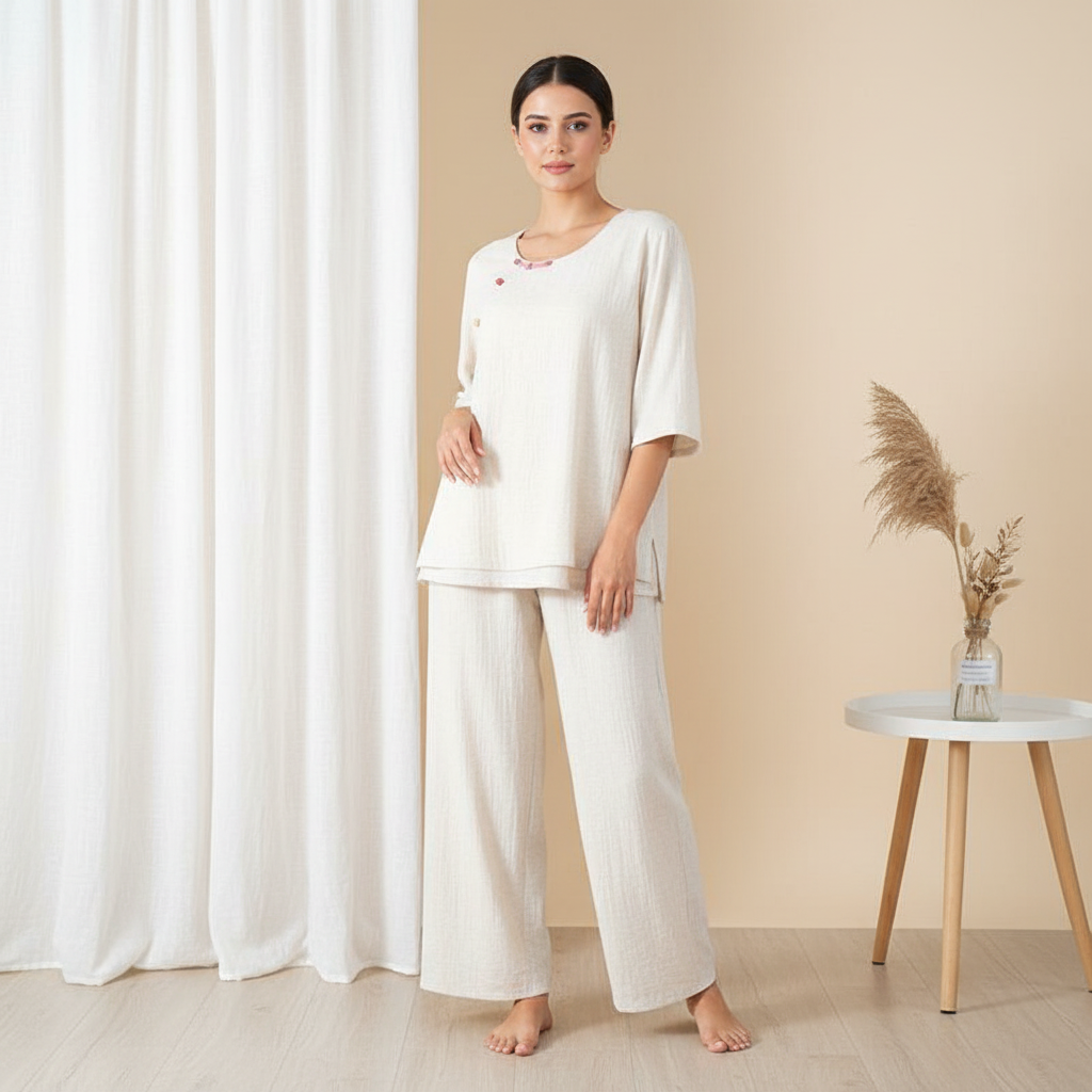 Cotton Colorful Slant Button-Up Pajama Set - Off White