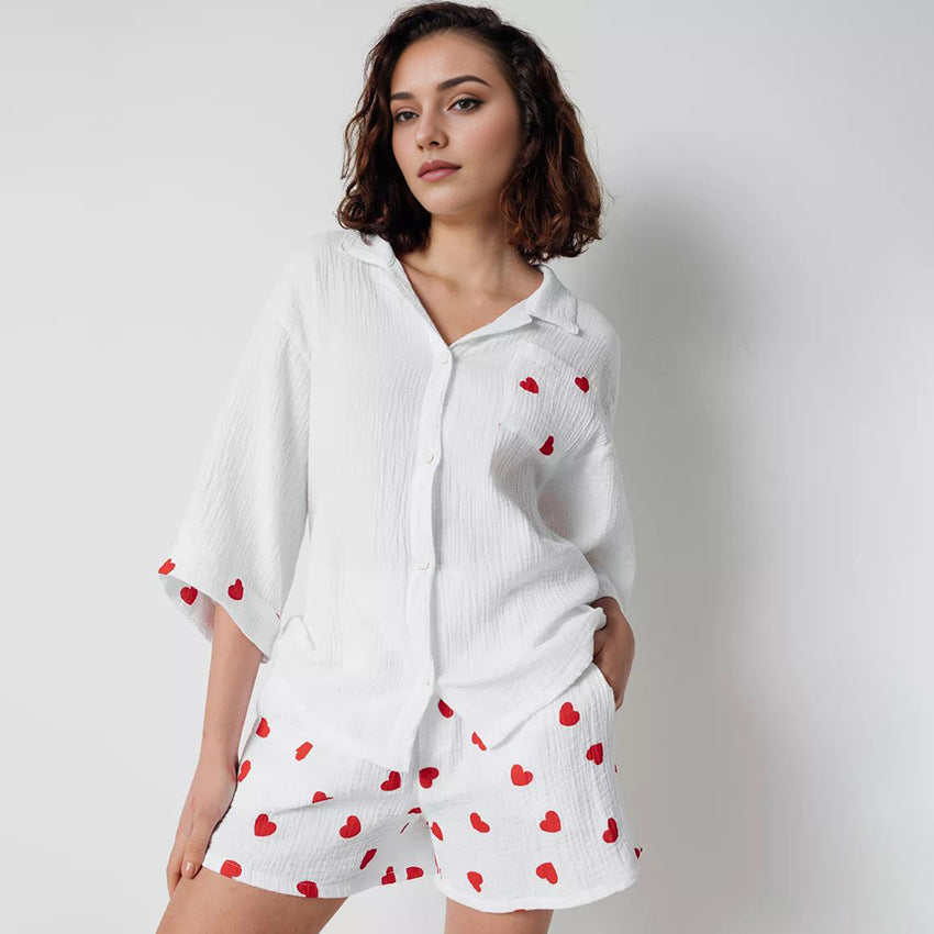 White Cotton Heart Print Short Co-ord Set