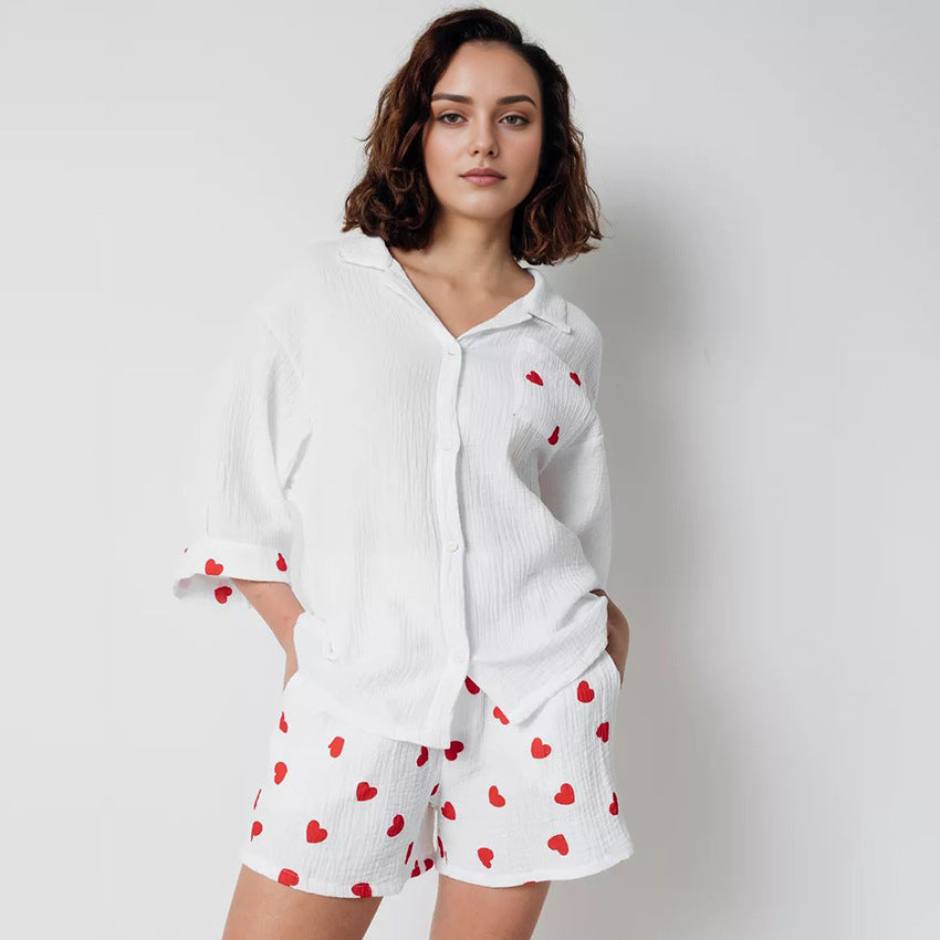 White Cotton Heart Print Short Co-ord Set