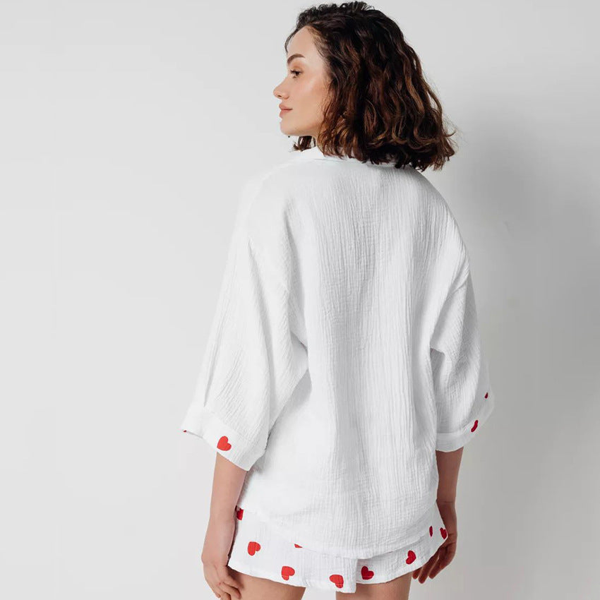 White Cotton Heart Print Short Co-ord Set