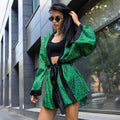 Women’s Green Silk Kimono Robe 2pc Set with Black Contrast Trim